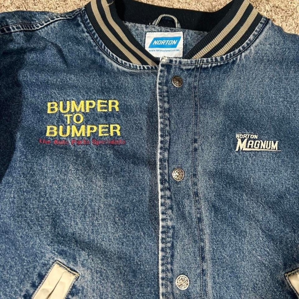 Vintage Norton Bomber Jacket Denim Varsity Style Patch‎ 90s Automotive Large - Picture 4 of 7